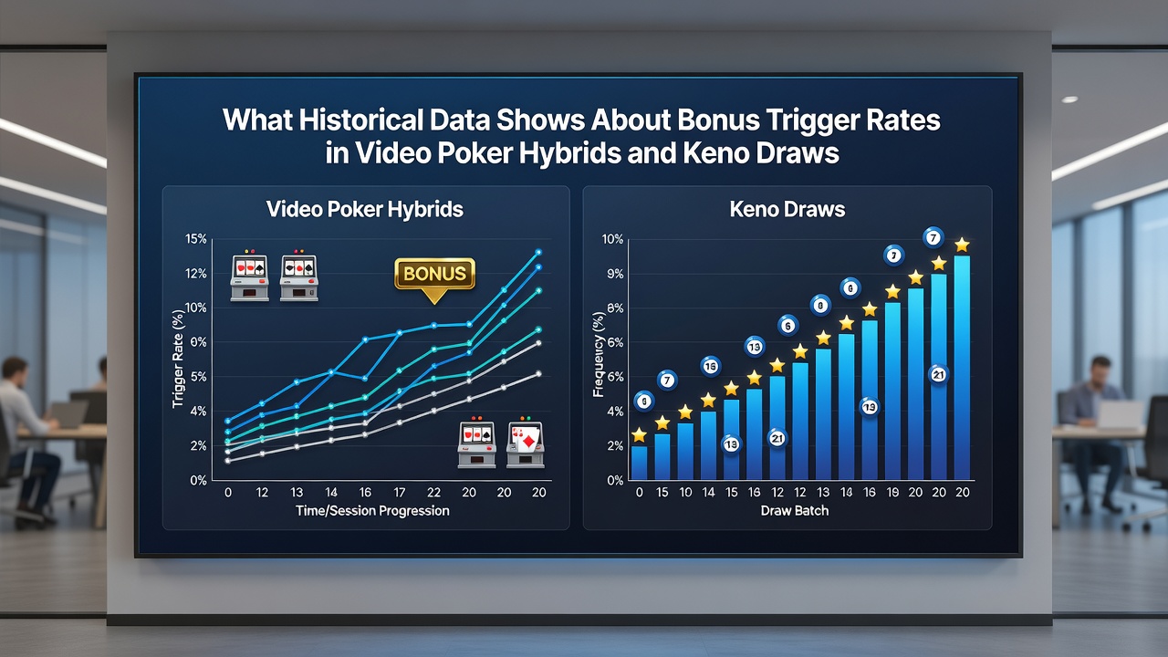Graph comparing bonus trigger percentages in hybrid video poker versus traditional keno across multiple regions